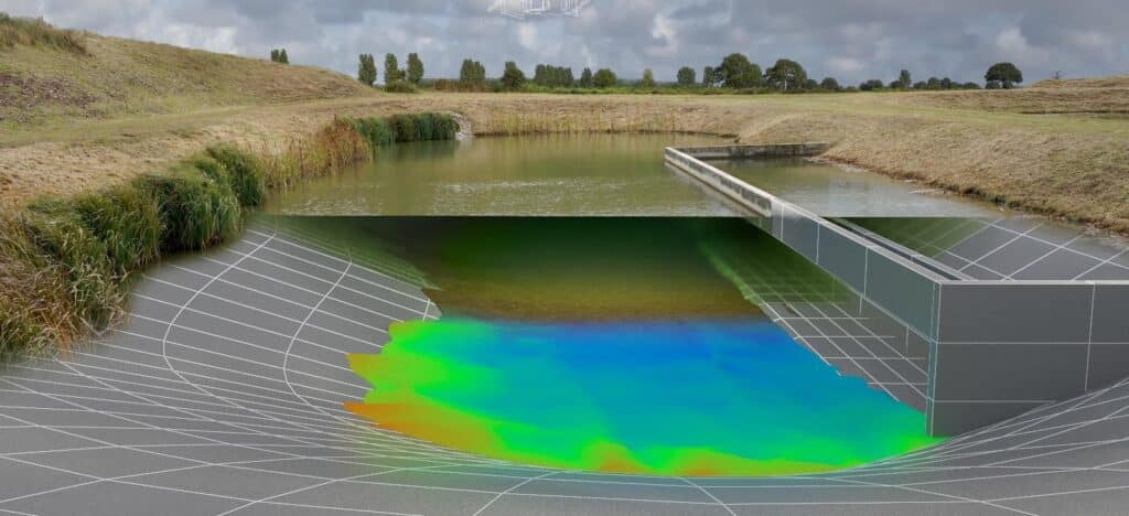 Absetzbecken einer Regen-Rückhalteanlage mit eingeblendetem 3D-Modell der Sedimentverteilung