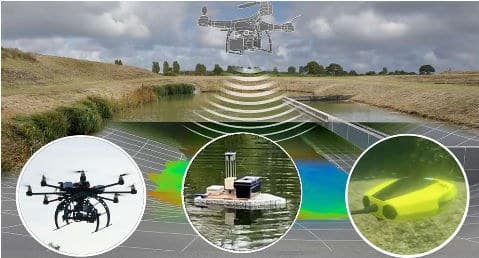 Luft-, wasser- und unterwassergestützte Drohnen-Sensorik von Geospector zur Sedimentmessung