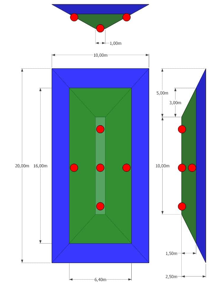 Geometrie des Beckens mit Wasserkörper (blau), Sedimenteinträgen (grün) und Position der Sondierungen (rot)