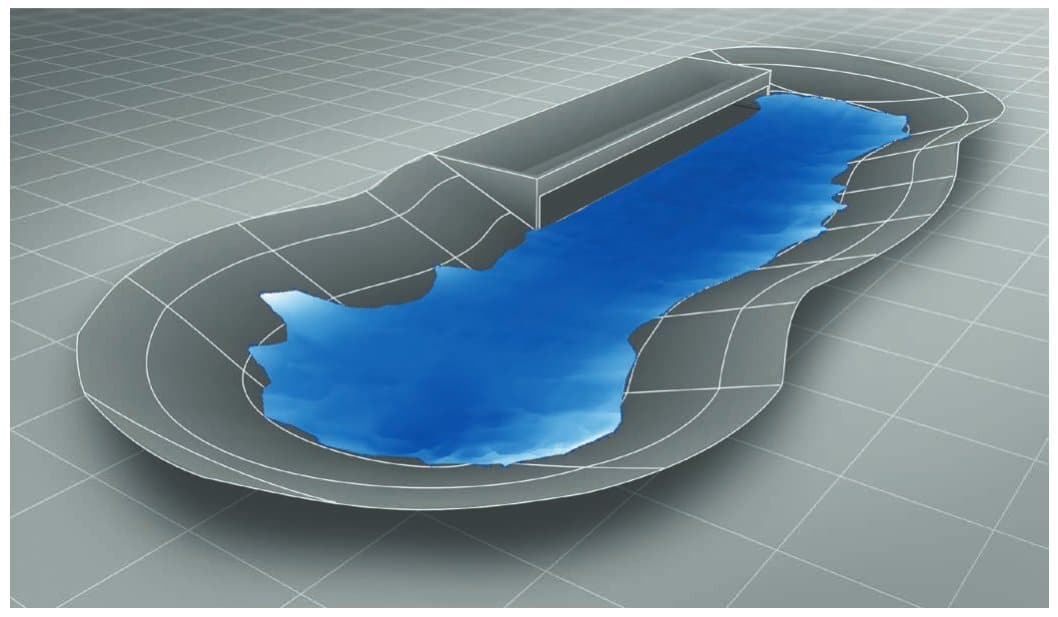 3D-Modell eines Regenrückhaltebeckens mit Ablagerungen von Sedimenten und Schlamm am Beckenboden